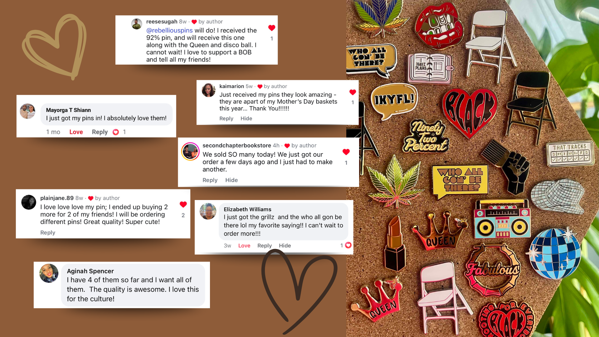 Cork board with various pins and comments on a brown background