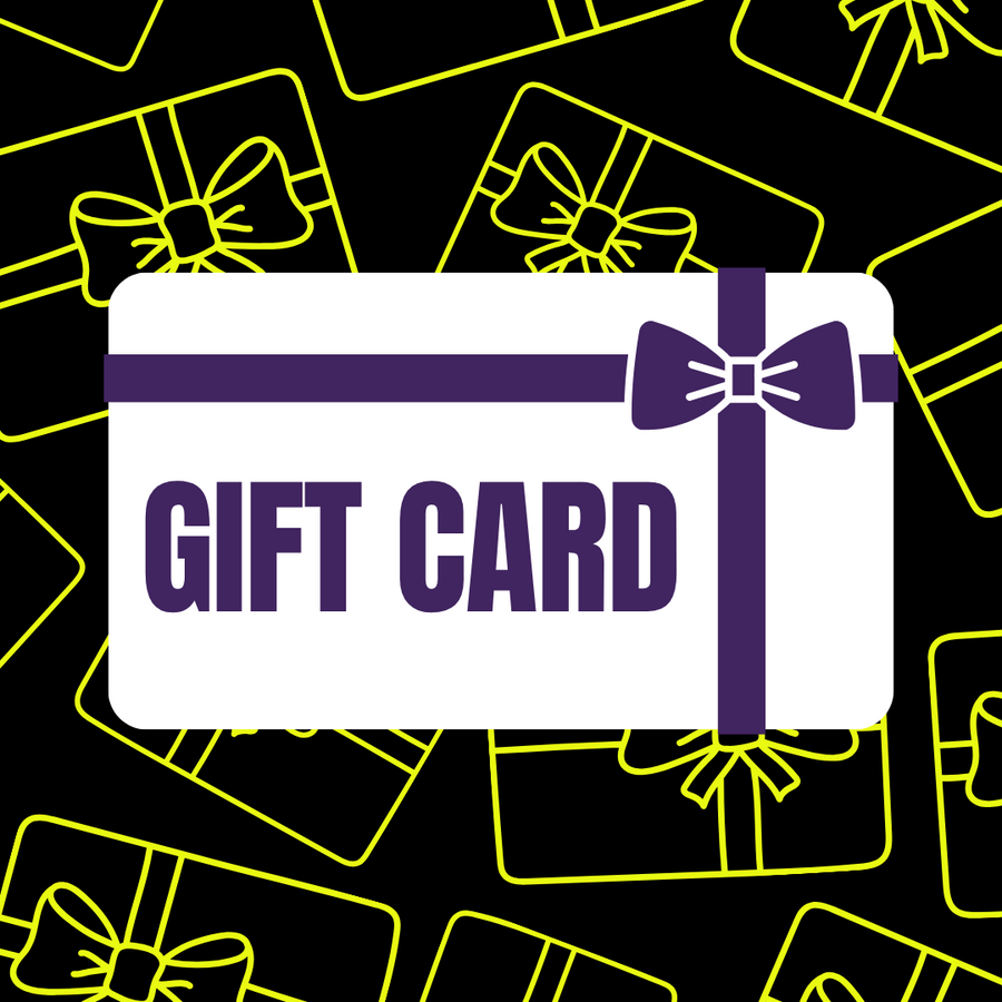 A white gift card with rounded corners, purple text reading 'GIFT CARD,' and a purple ribbon/bow illustration, centered on a black background with repeated yellow gift box outlines.