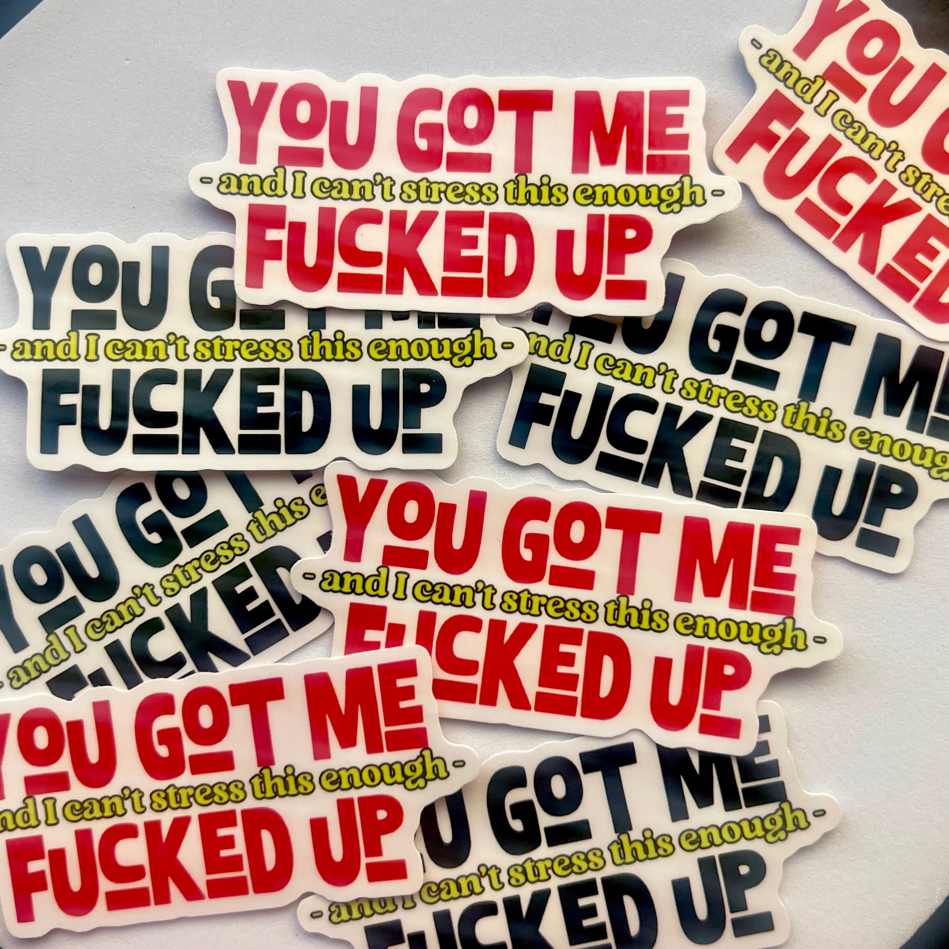 Multiple stickers with text like 'YOU GOT ME FUCKED UP' on a white background