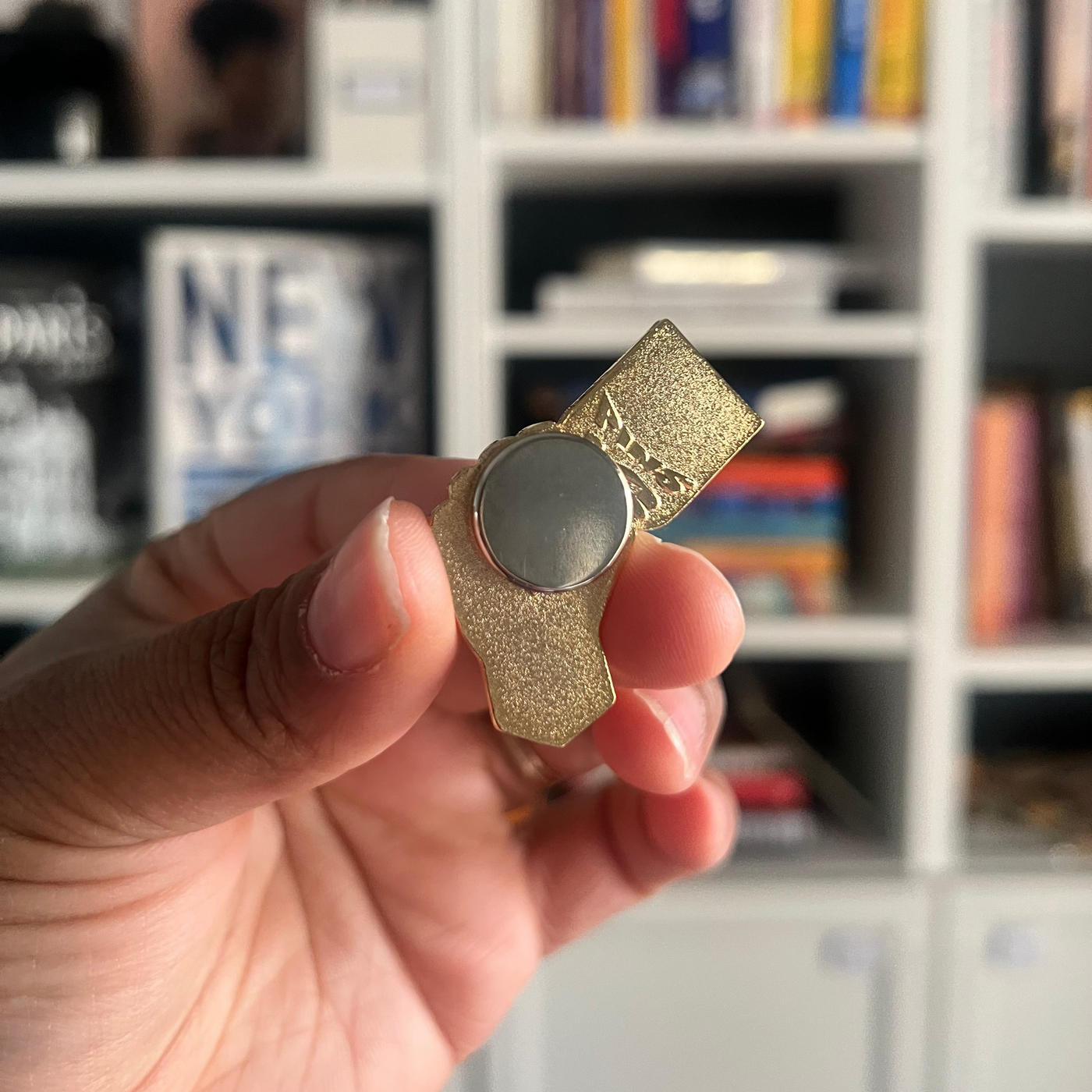 Hand holding a magnet pin showing the back magnet in front of a bookshelf